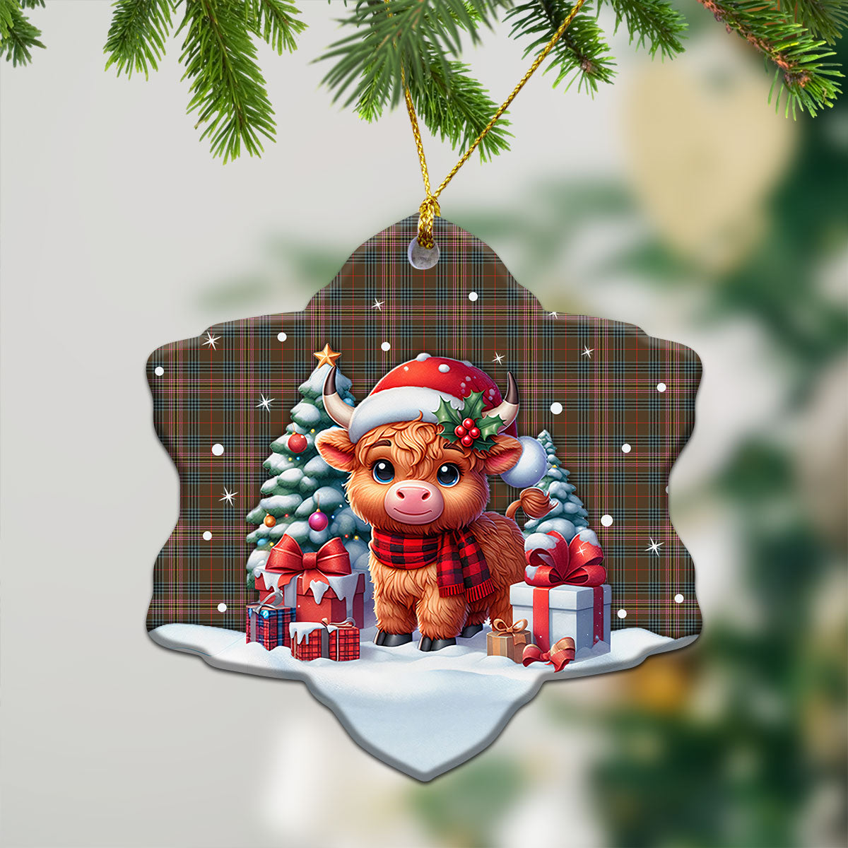 Kennedy Weathered Tartan Christmas Ceramic Ornament - Highland Cow Winter Style