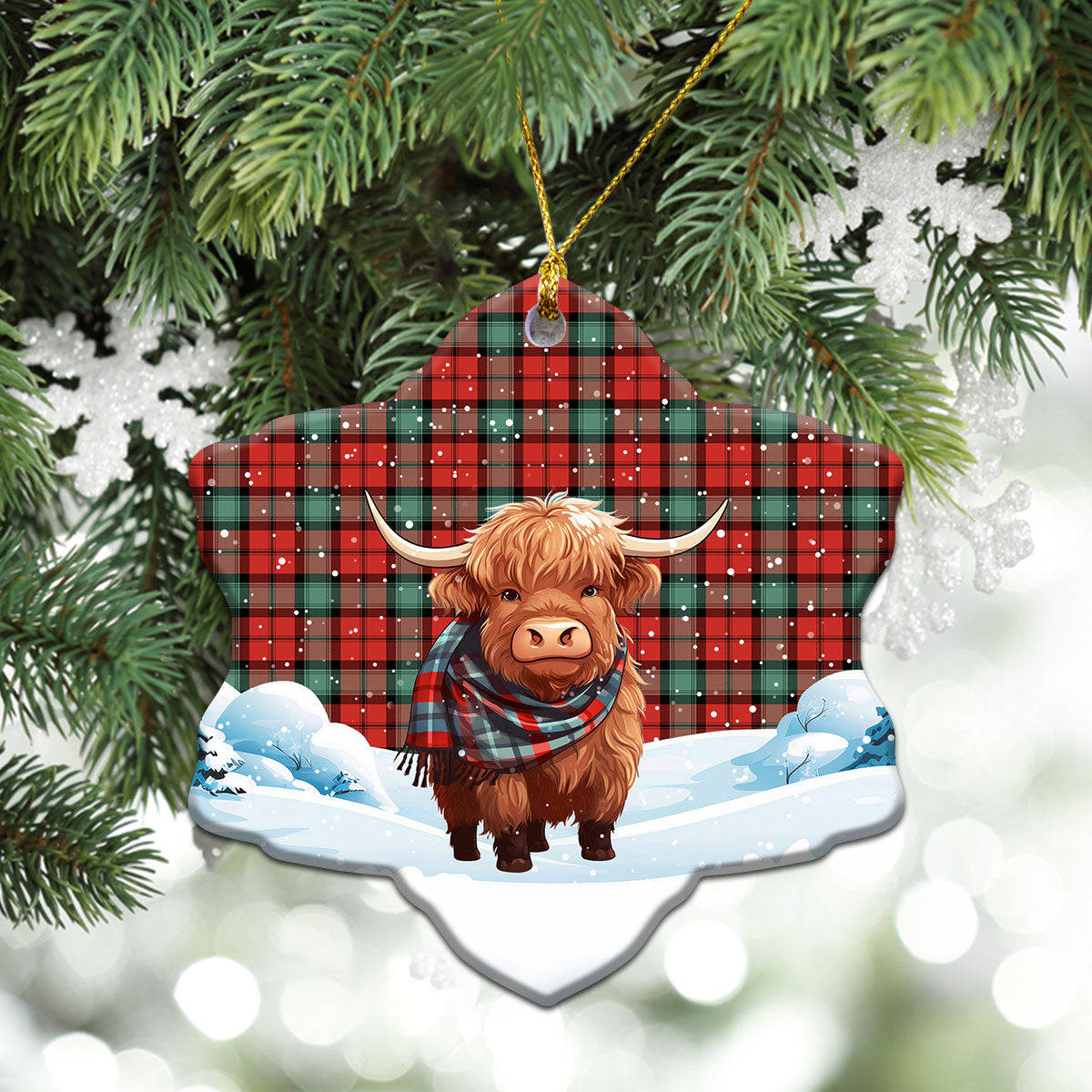 Kerr Ancient Tartan Christmas Ceramic Ornament - Highland Cows Snow Style