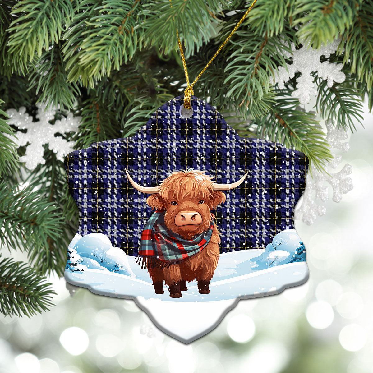 Kilmarnock Tartan Christmas Ceramic Ornament - Highland Cows Snow Style