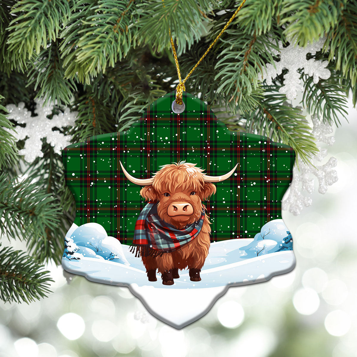 Kinnear Tartan Christmas Ceramic Ornament - Highland Cows Snow Style