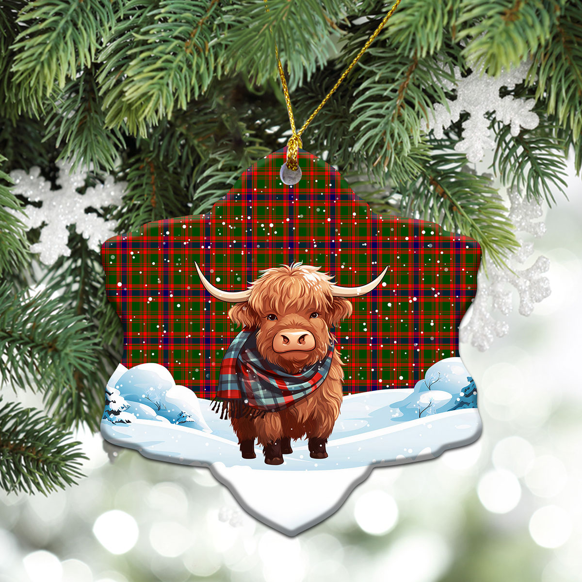 Kinninmont Tartan Christmas Ceramic Ornament - Highland Cows Snow Style