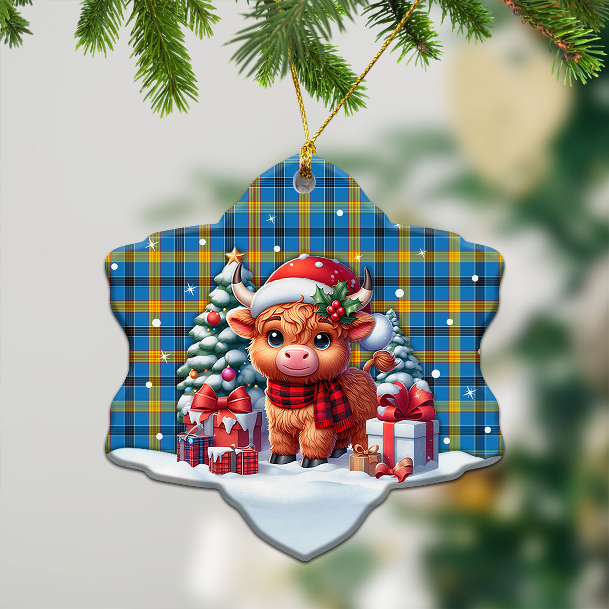 Laing Tartan Christmas Ceramic Ornament - Highland Cow Winter Style