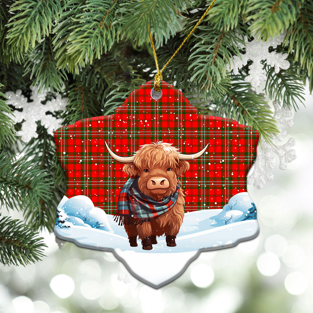 Langlands Tartan Christmas Ceramic Ornament - Highland Cows Snow Style