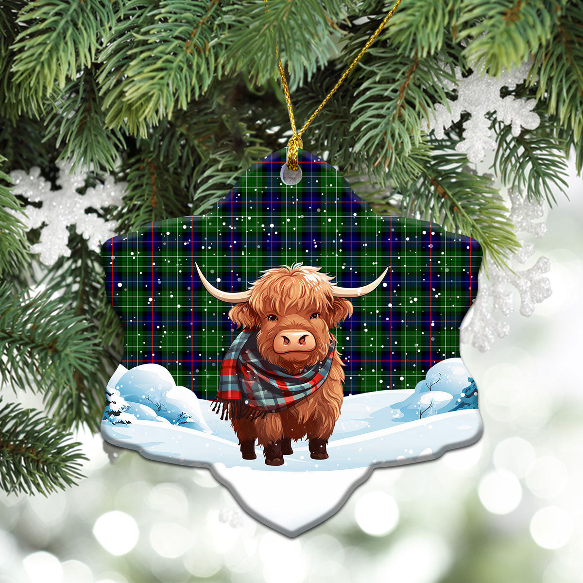 Leslie Hunting Tartan Christmas Ceramic Ornament - Highland Cows Snow Style