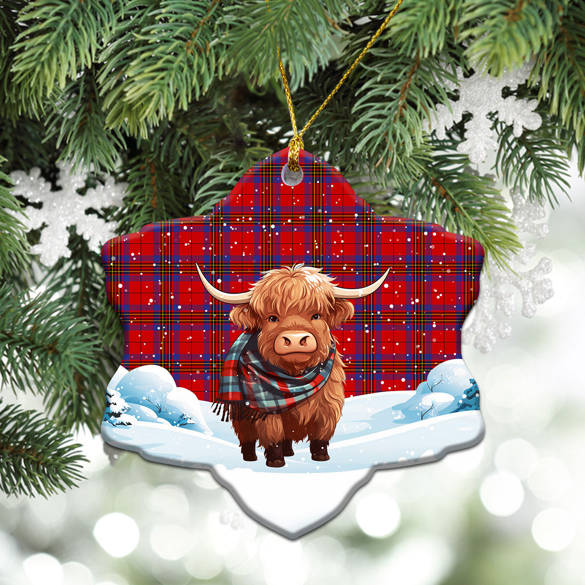 Leslie Modern Tartan Christmas Ceramic Ornament - Highland Cows Snow Style