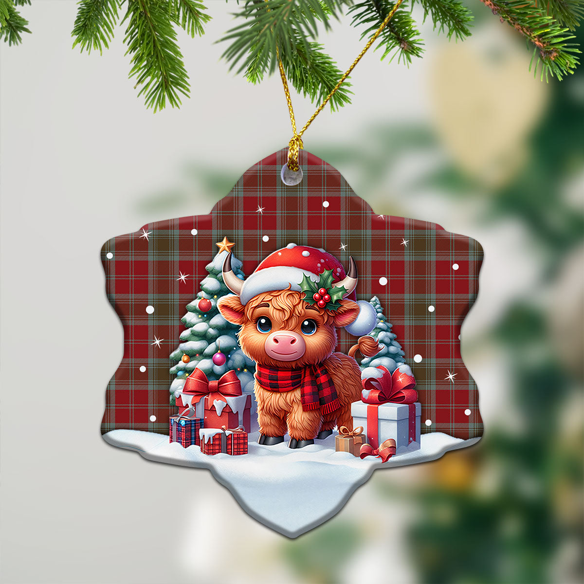 Lindsay Weathered Tartan Christmas Ceramic Ornament - Highland Cow Winter Style