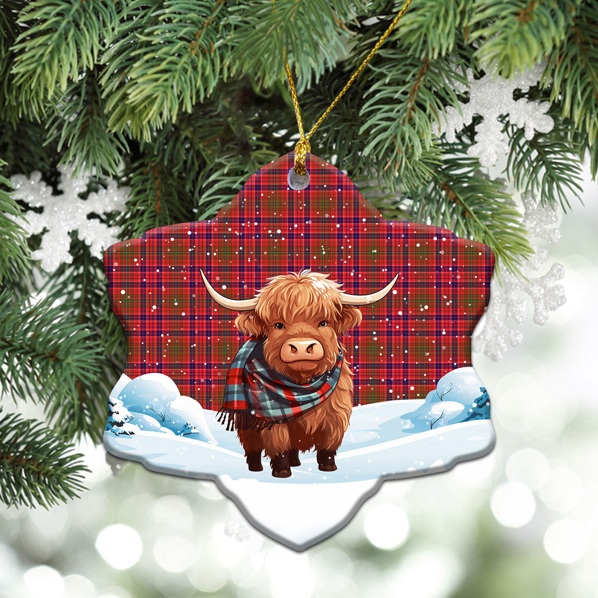 Lumsden Modern Tartan Christmas Ceramic Ornament - Highland Cows Snow Style