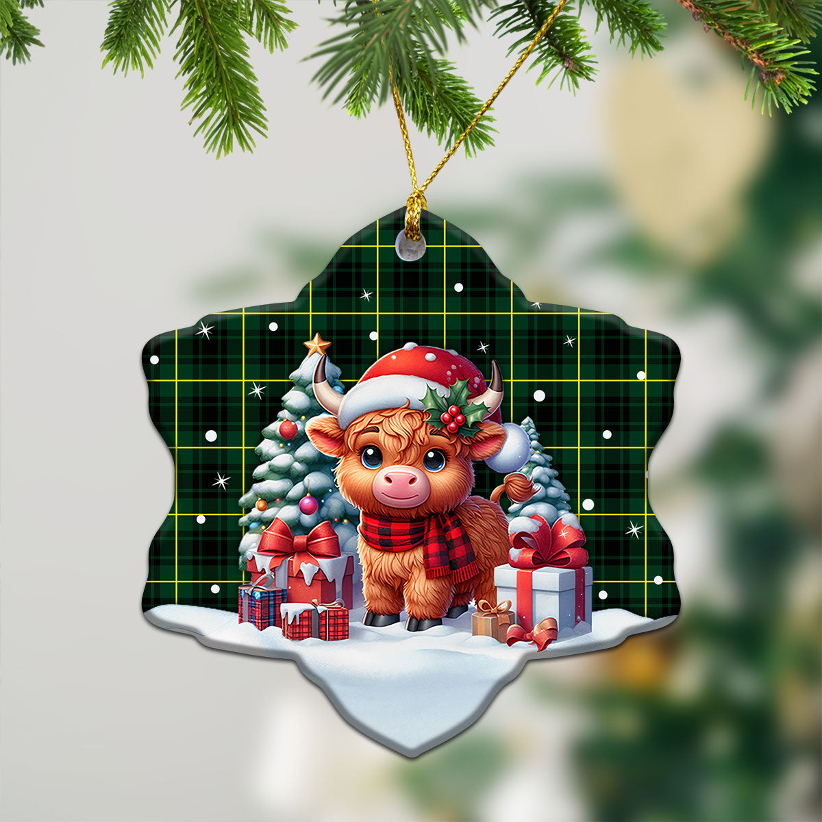 MacArthur Modern Tartan Christmas Ceramic Ornament - Highland Cow Winter Style