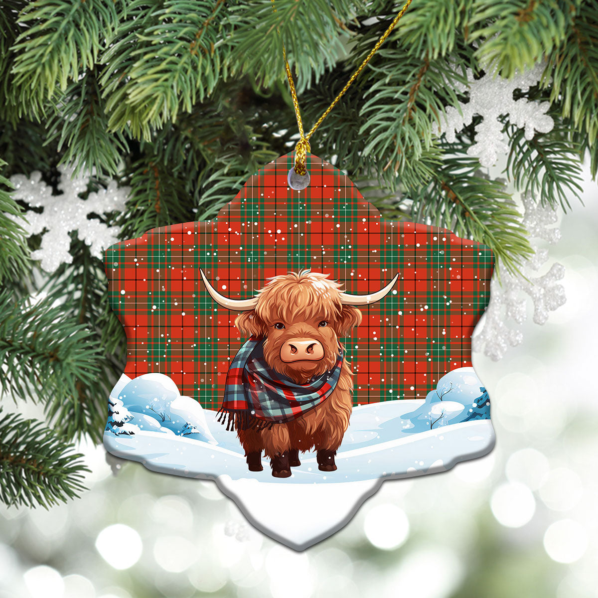 MacAulay Ancient Tartan Christmas Ceramic Ornament - Highland Cows Snow Style