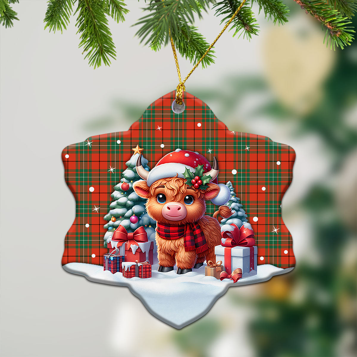 MacAuley Ancient Tartan Christmas Ceramic Ornament - Highland Cow Winter Style