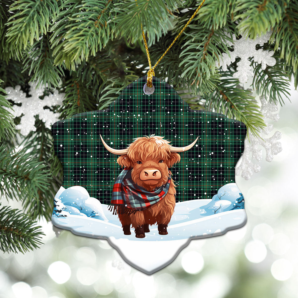 MacAuley Hunting Ancient Tartan Christmas Ceramic Ornament - Highland Cows Snow Style