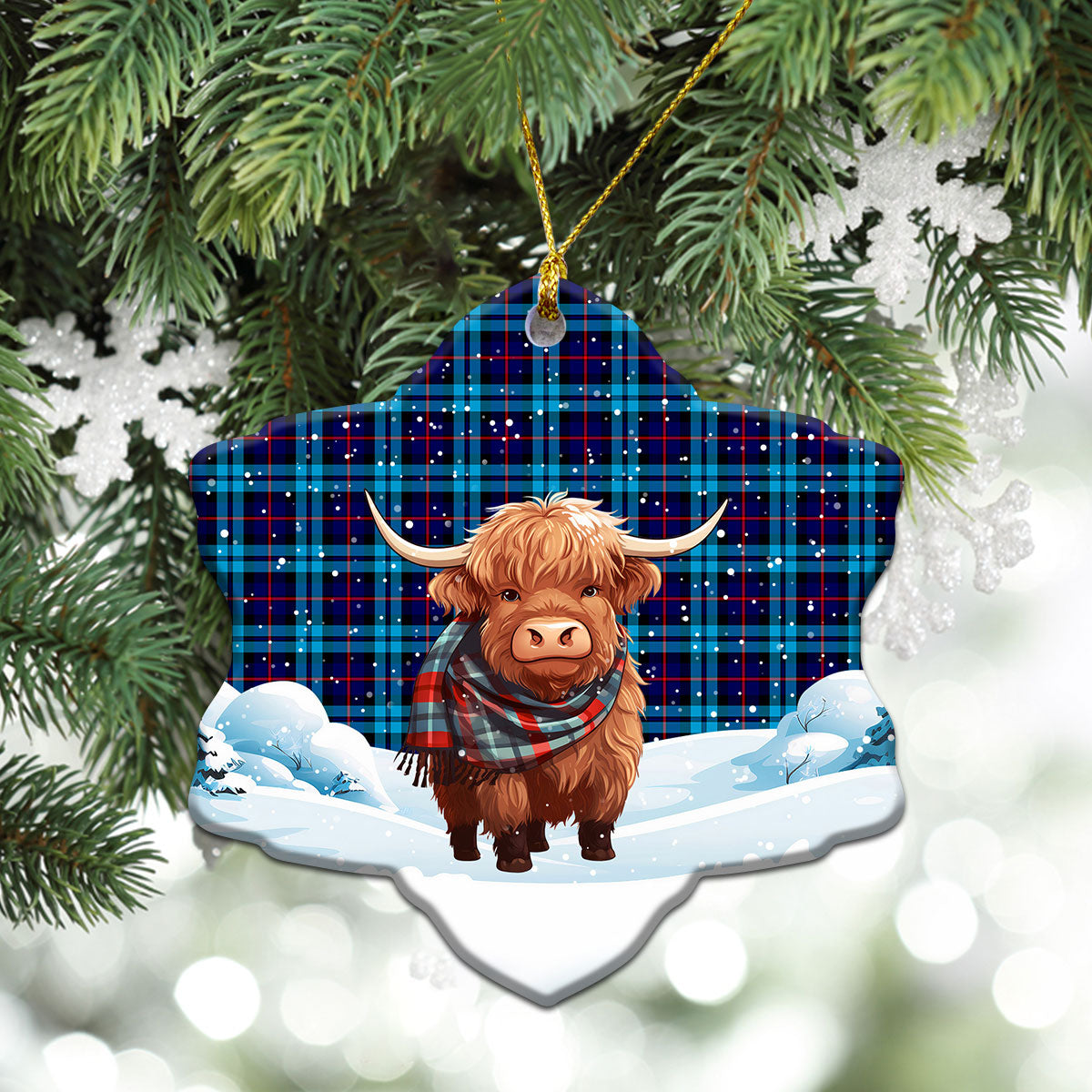 MacCorquodale Tartan Christmas Ceramic Ornament - Highland Cows Snow Style