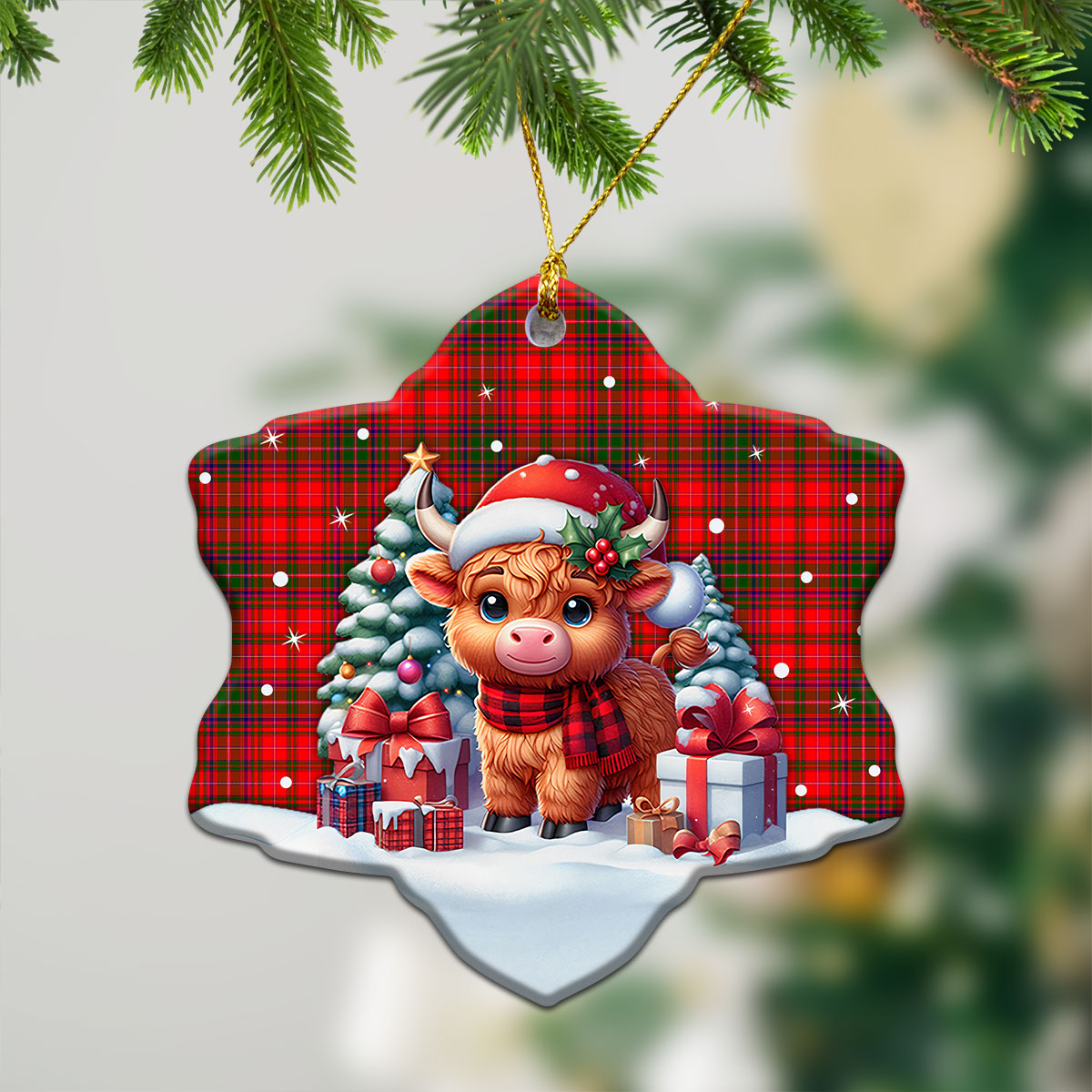 MacDougall Modern Tartan Christmas Ceramic Ornament - Highland Cow Winter Style