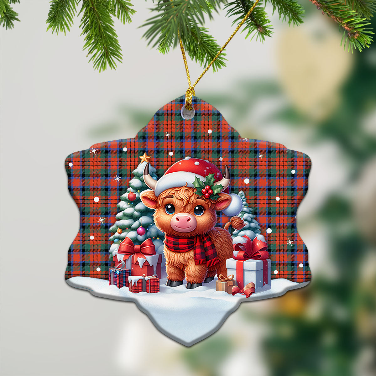 MacDuff Ancient Tartan Christmas Ceramic Ornament - Highland Cow Winter Style