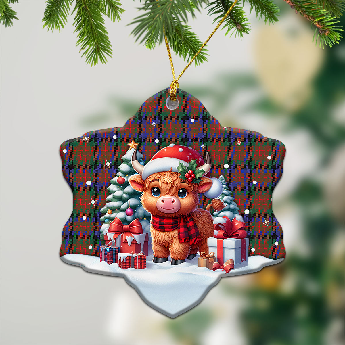 MacDuff Hunting Modern Tartan Christmas Ceramic Ornament - Highland Cow Winter Style