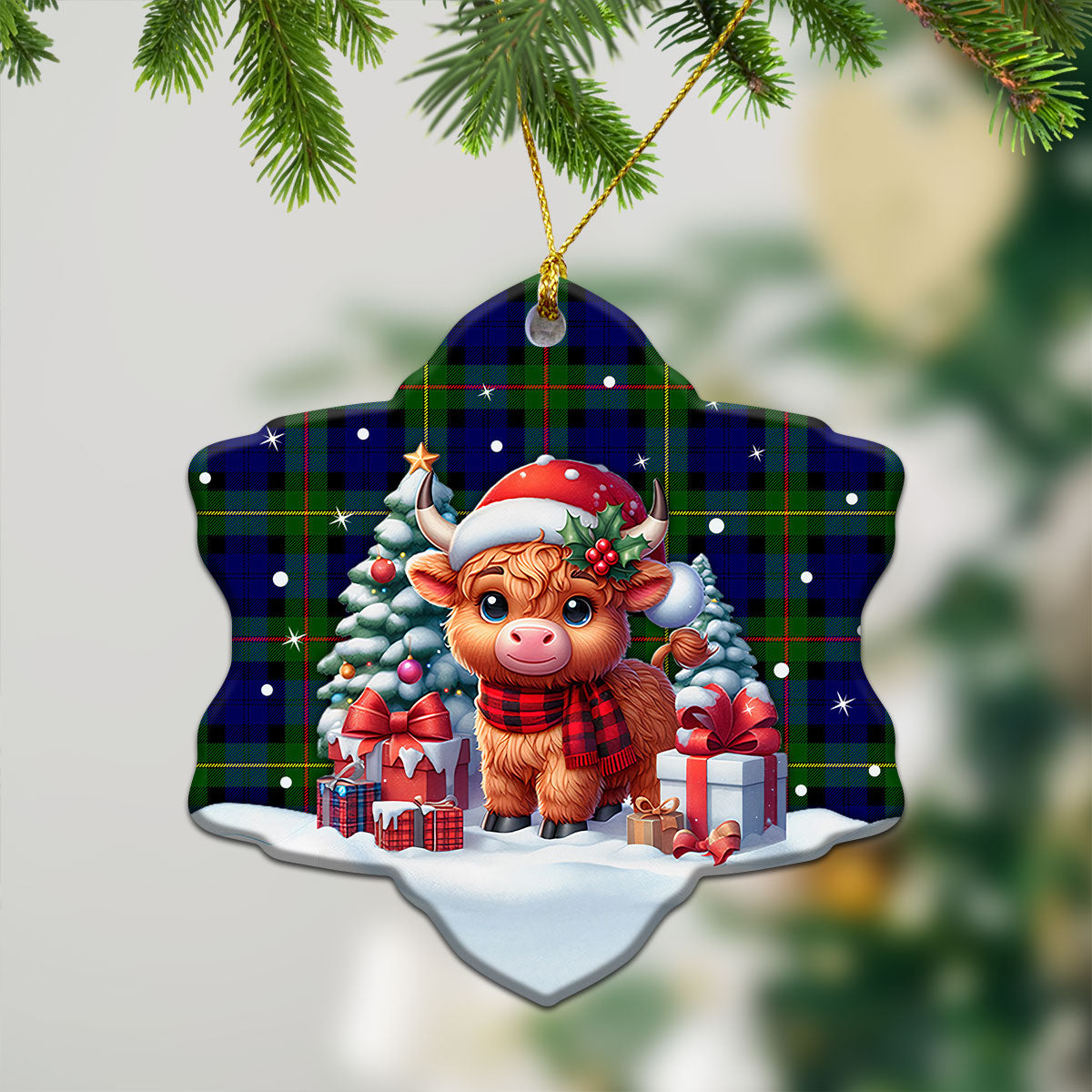 MacEwan Modern Tartan Christmas Ceramic Ornament - Highland Cow Winter Style