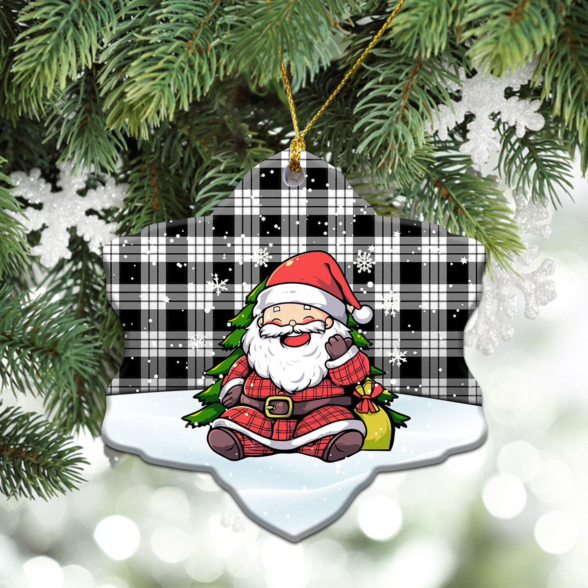 MacFarlane Black _ White Tartan Christmas Ceramic Ornament - Scottish Santa Style