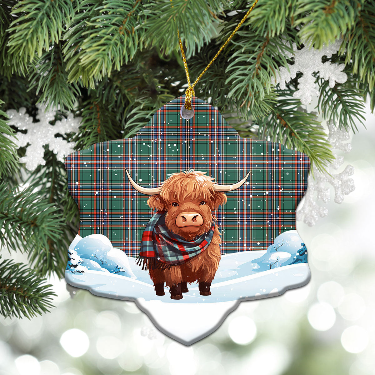 MacFarlane Hunting Ancient Tartan Christmas Ceramic Ornament - Highland Cows Snow Style