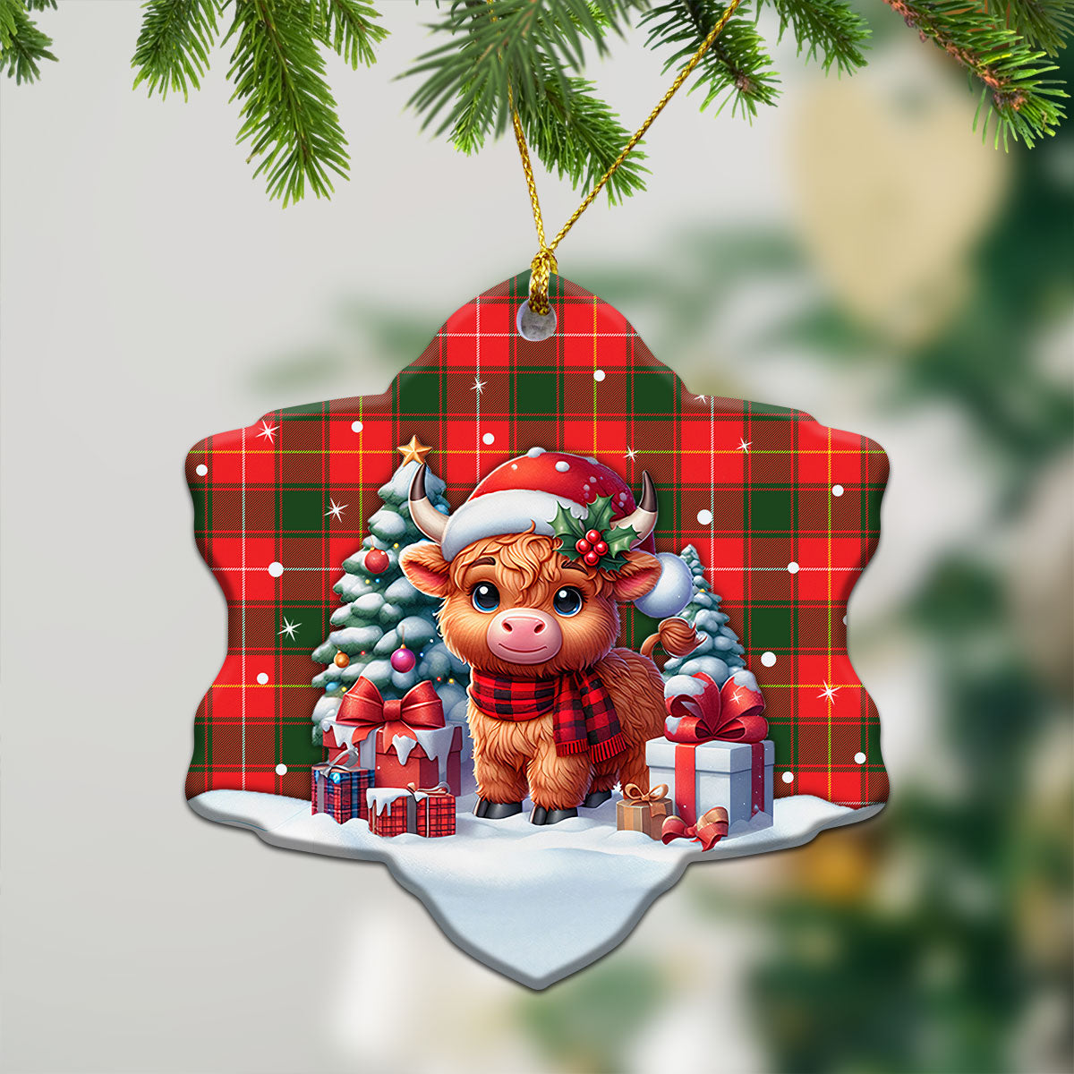 MacFie Tartan Christmas Ceramic Ornament - Highland Cow Winter Style