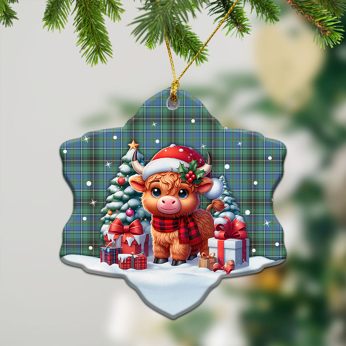 MacInnes Ancient Tartan Christmas Ceramic Ornament - Highland Cow Winter Style