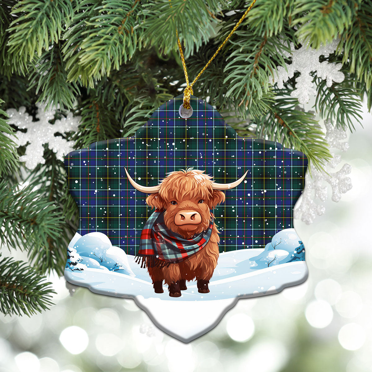 MacInnes Modern Tartan Christmas Ceramic Ornament - Highland Cows Snow Style