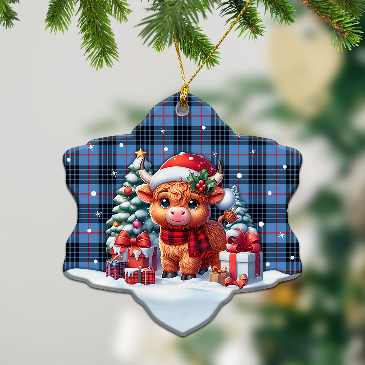 MacKay Blue Tartan Christmas Ceramic Ornament - Highland Cow Winter Style