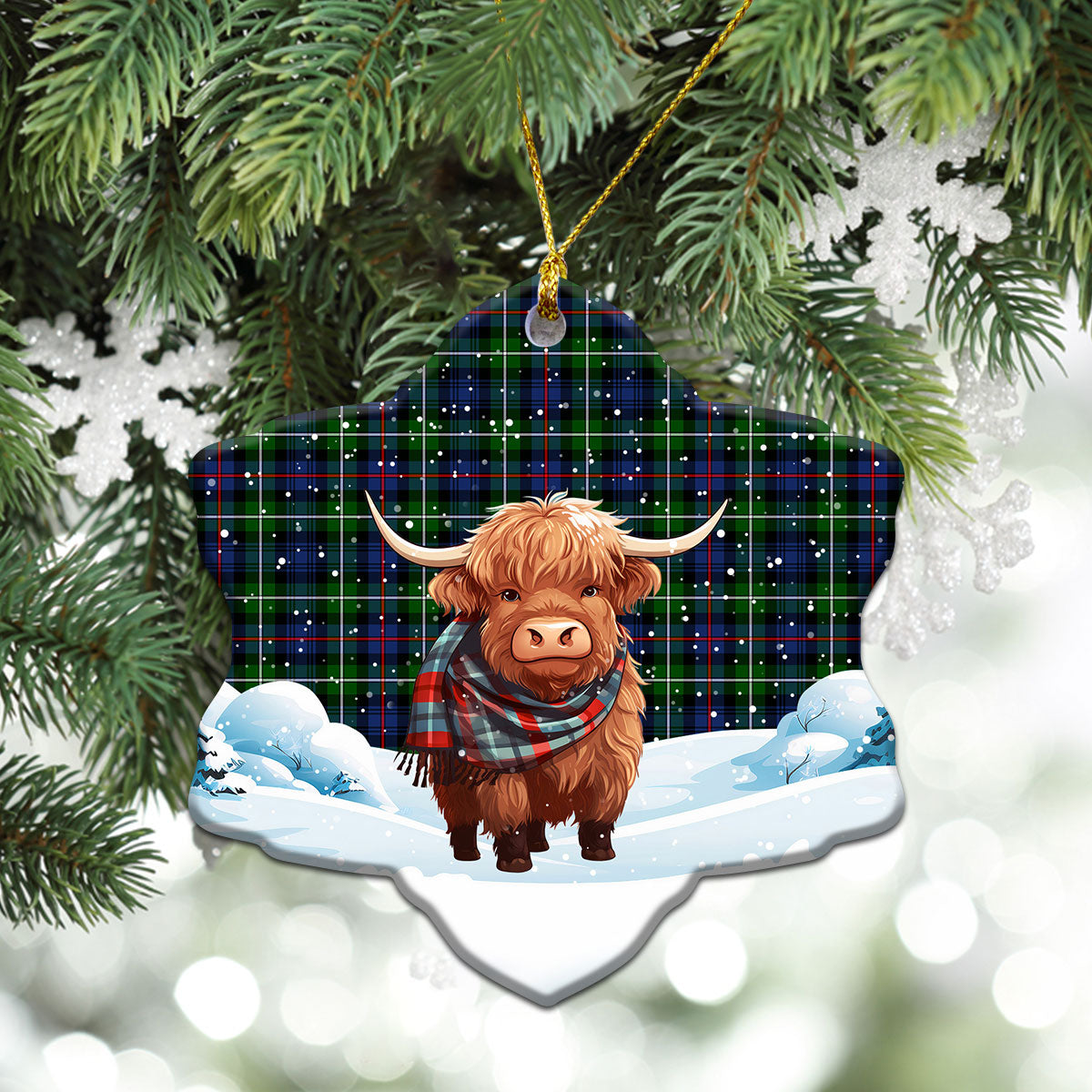 MacKenzie Modern Tartan Christmas Ceramic Ornament - Highland Cows Snow Style