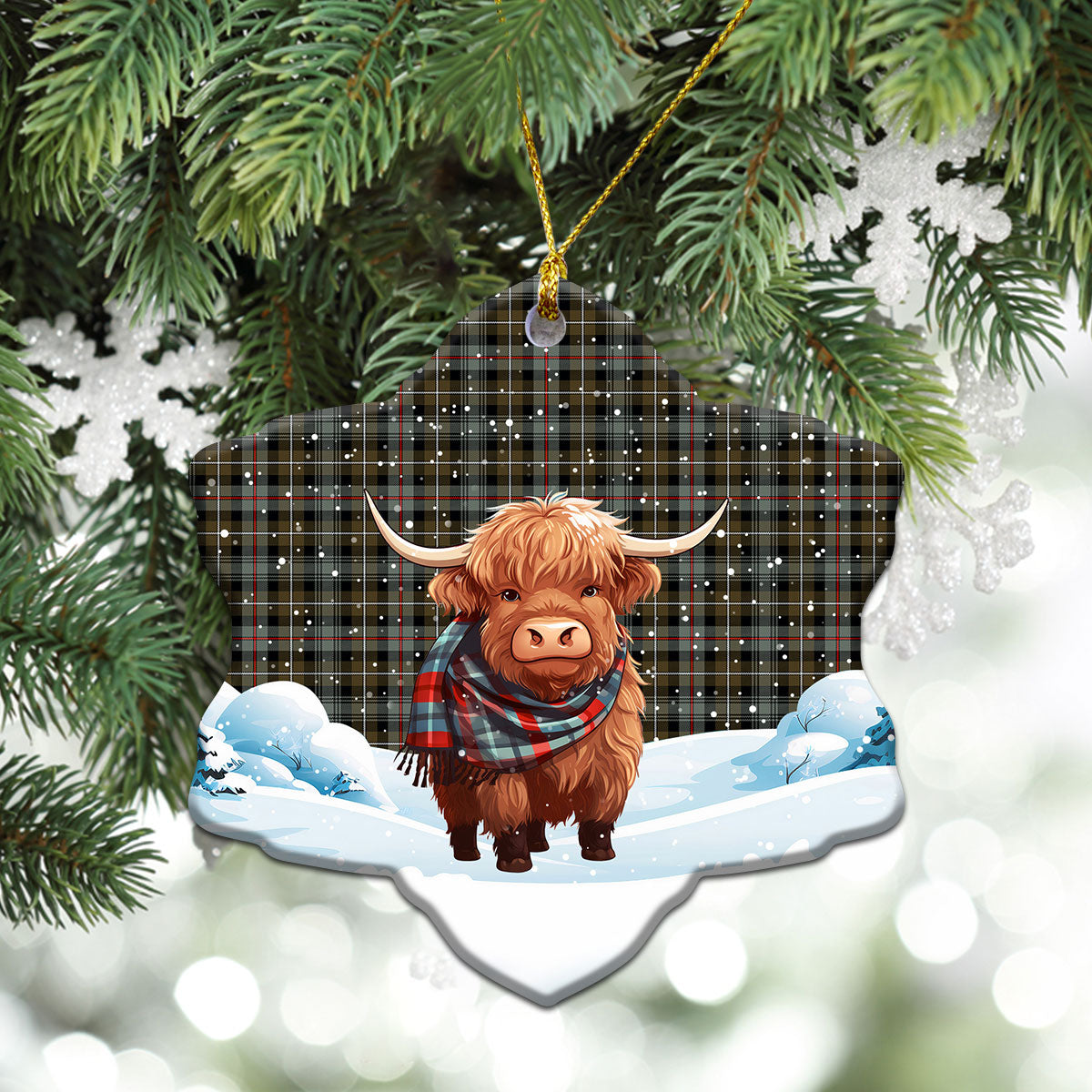 MacKenzie Weathered Tartan Christmas Ceramic Ornament - Highland Cows Snow Style