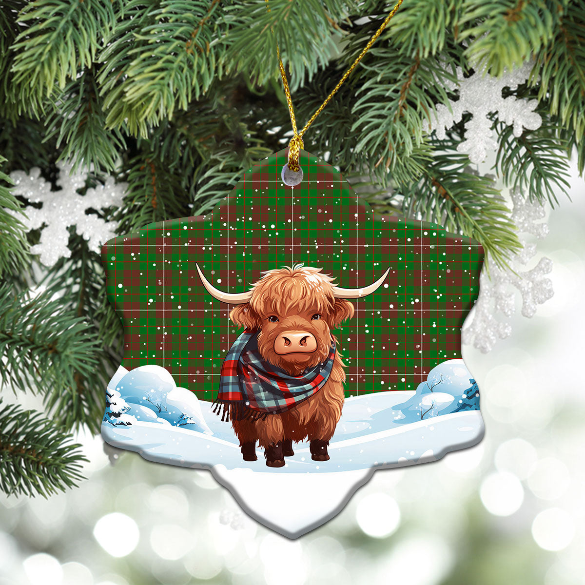 MacKinnon Hunting Modern Tartan Christmas Ceramic Ornament - Highland Cows Snow Style