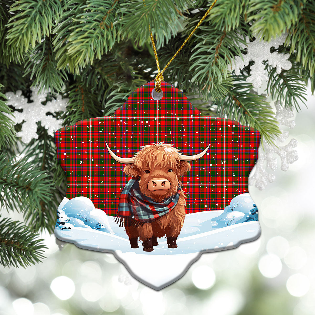 MacKinnon Modern Tartan Christmas Ceramic Ornament - Highland Cows Snow Style