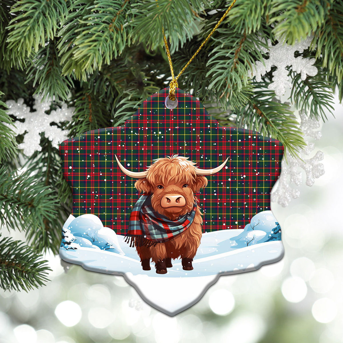 MacKintosh Hunting Modern Tartan Christmas Ceramic Ornament - Highland Cows Snow Style