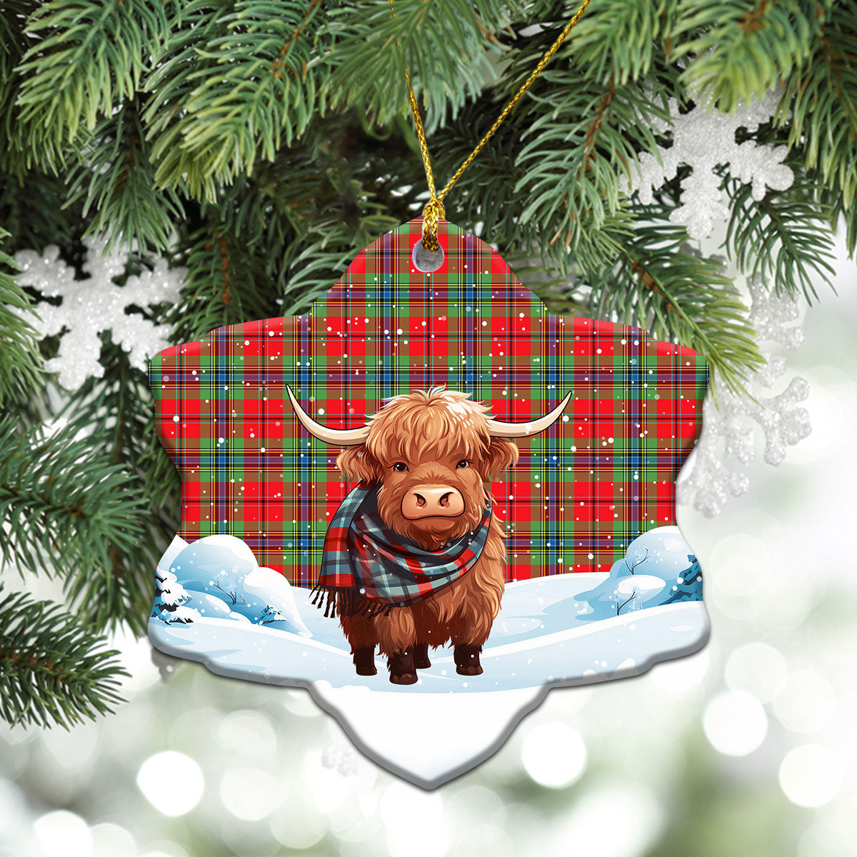 MacLean of Duart Modern Tartan Christmas Ceramic Ornament - Highland Cows Snow Style