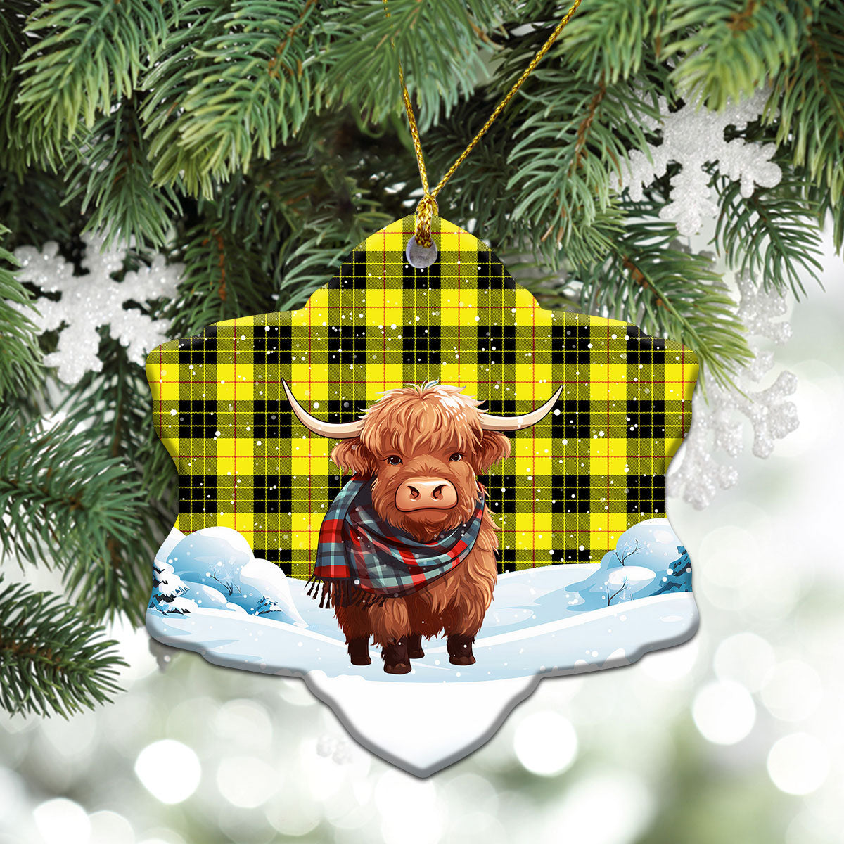 MacLeod of Lewis Modern Tartan Christmas Ceramic Ornament - Highland Cows Snow Style