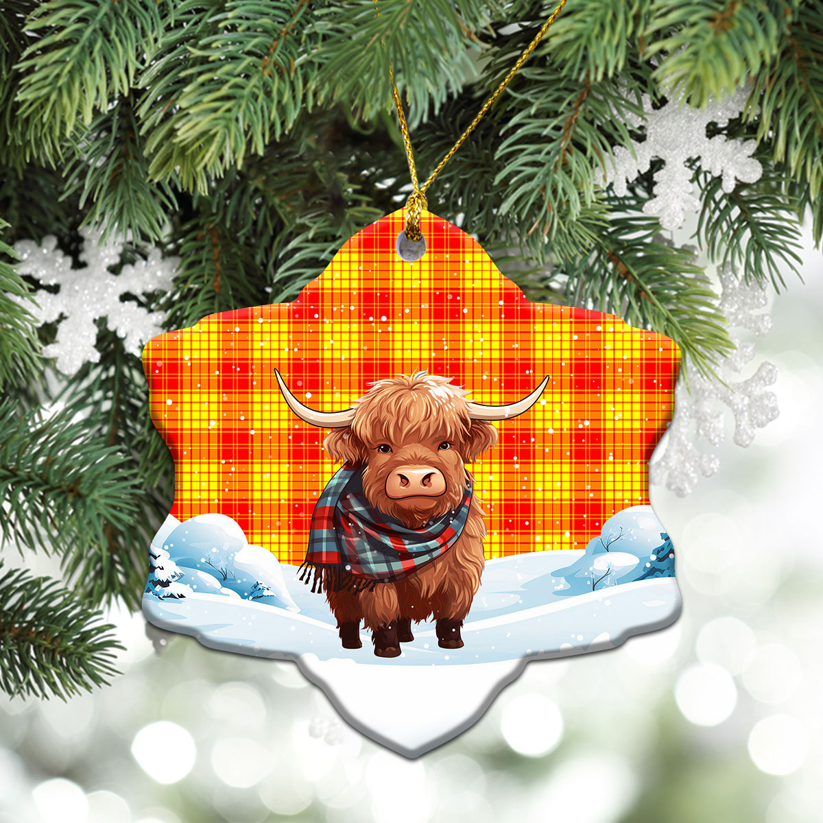 MacMillan Clan Tartan Christmas Ceramic Ornament - Highland Cows Snow Style