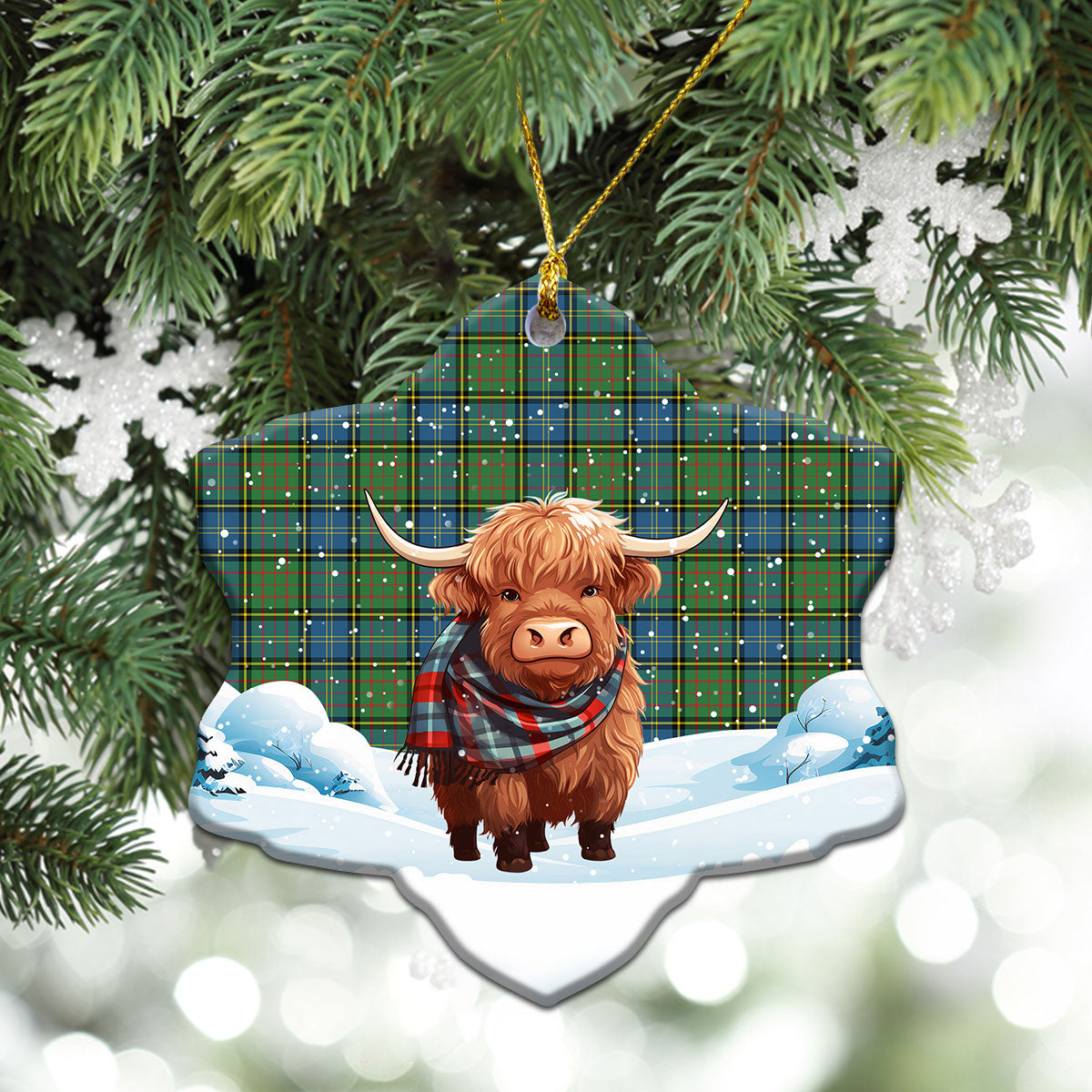 MacMillan Hunting Ancient Tartan Christmas Ceramic Ornament - Highland Cows Snow Style