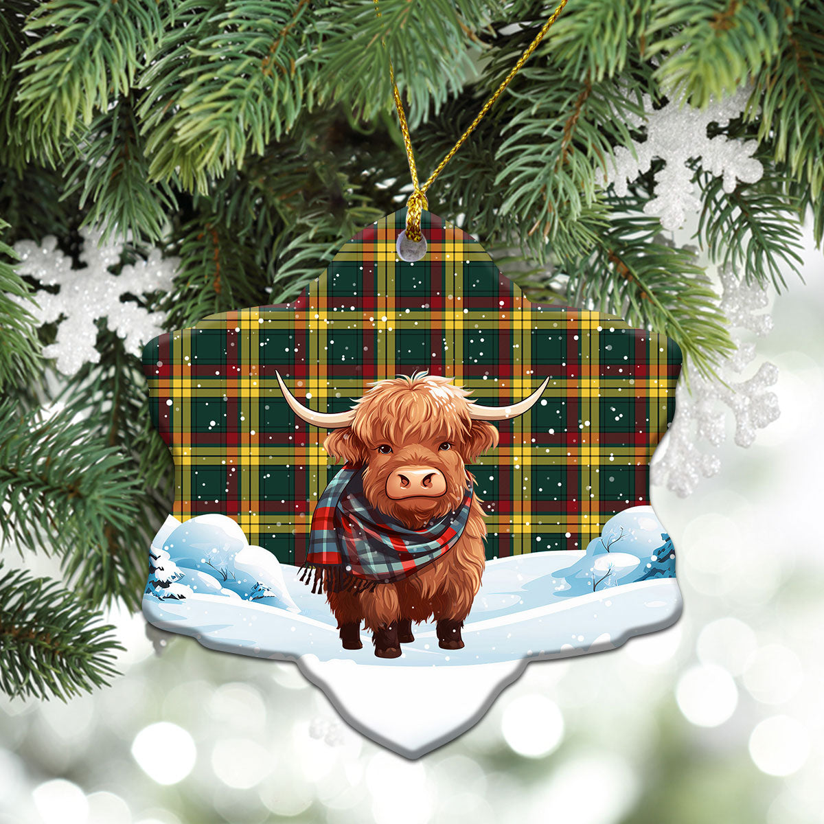 MacMillan Old Modern Tartan Christmas Ceramic Ornament - Highland Cows Snow Style