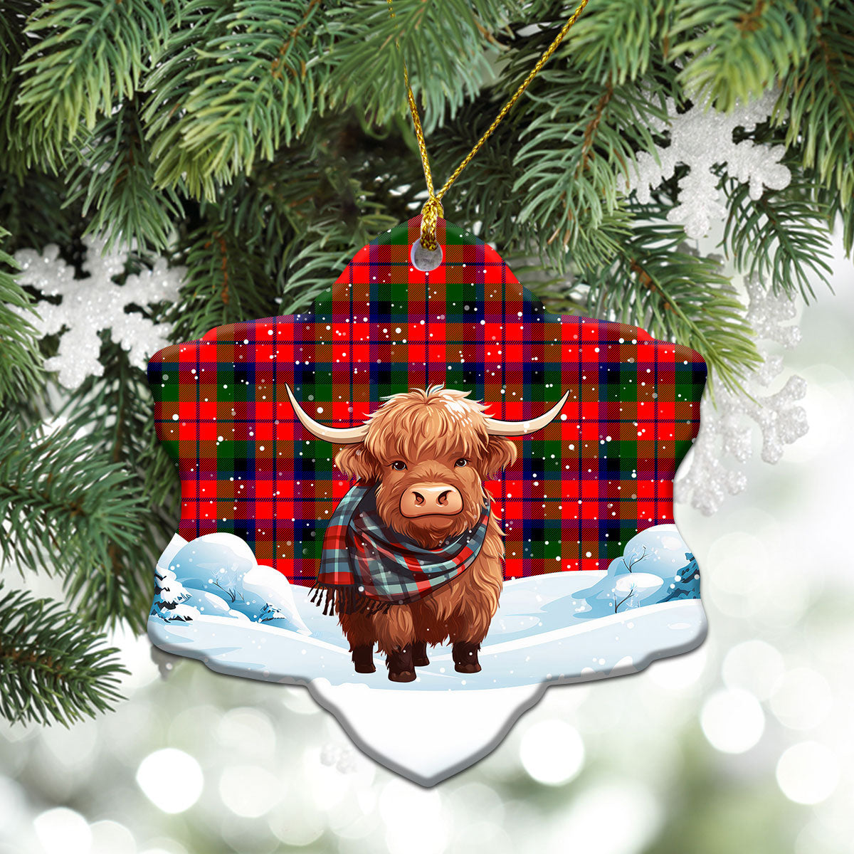 MacNaughten Tartan Christmas Ceramic Ornament - Highland Cows Snow Style