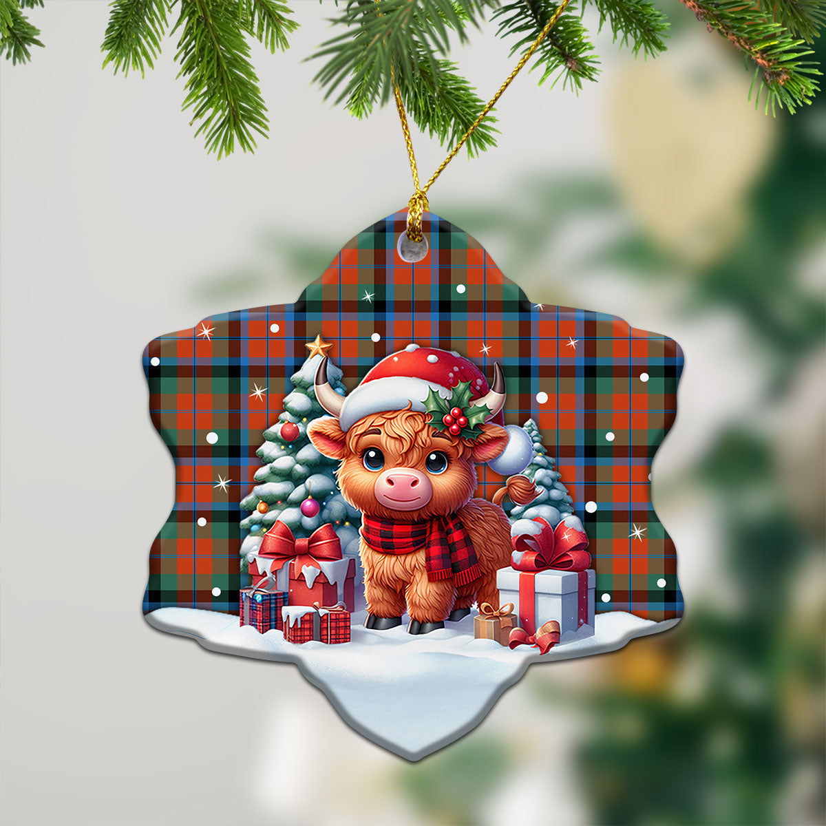 MacNaughton Ancient Tartan Christmas Ceramic Ornament - Highland Cow Winter Style