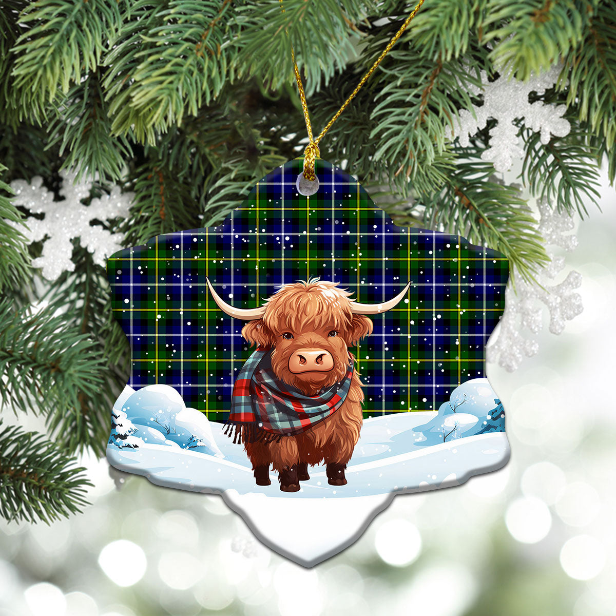 MacNeil of Barra Modern Tartan Christmas Ceramic Ornament - Highland Cows Snow Style