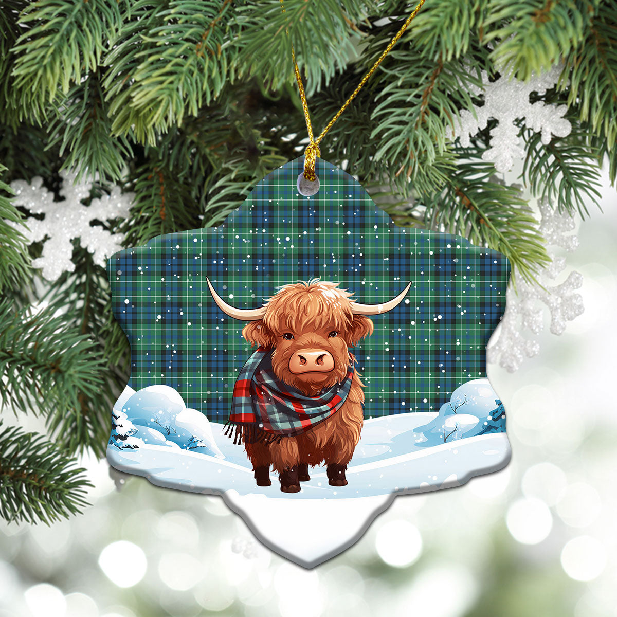 MacNeil of Colonsay Ancient Tartan Christmas Ceramic Ornament - Highland Cows Snow Style