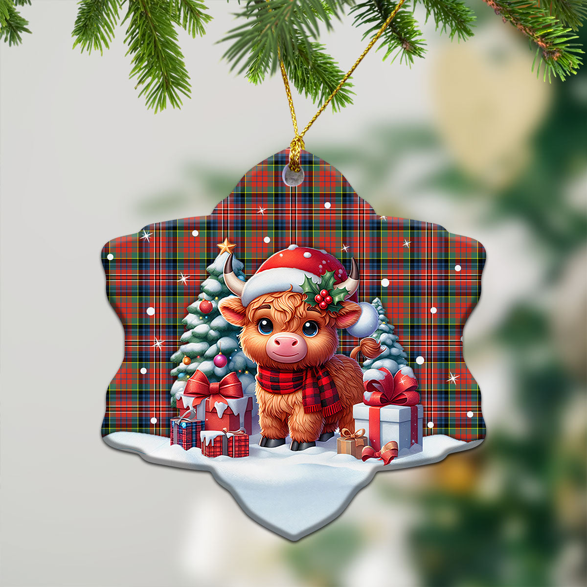 MacPherson Ancient Tartan Christmas Ceramic Ornament - Highland Cow Winter Style