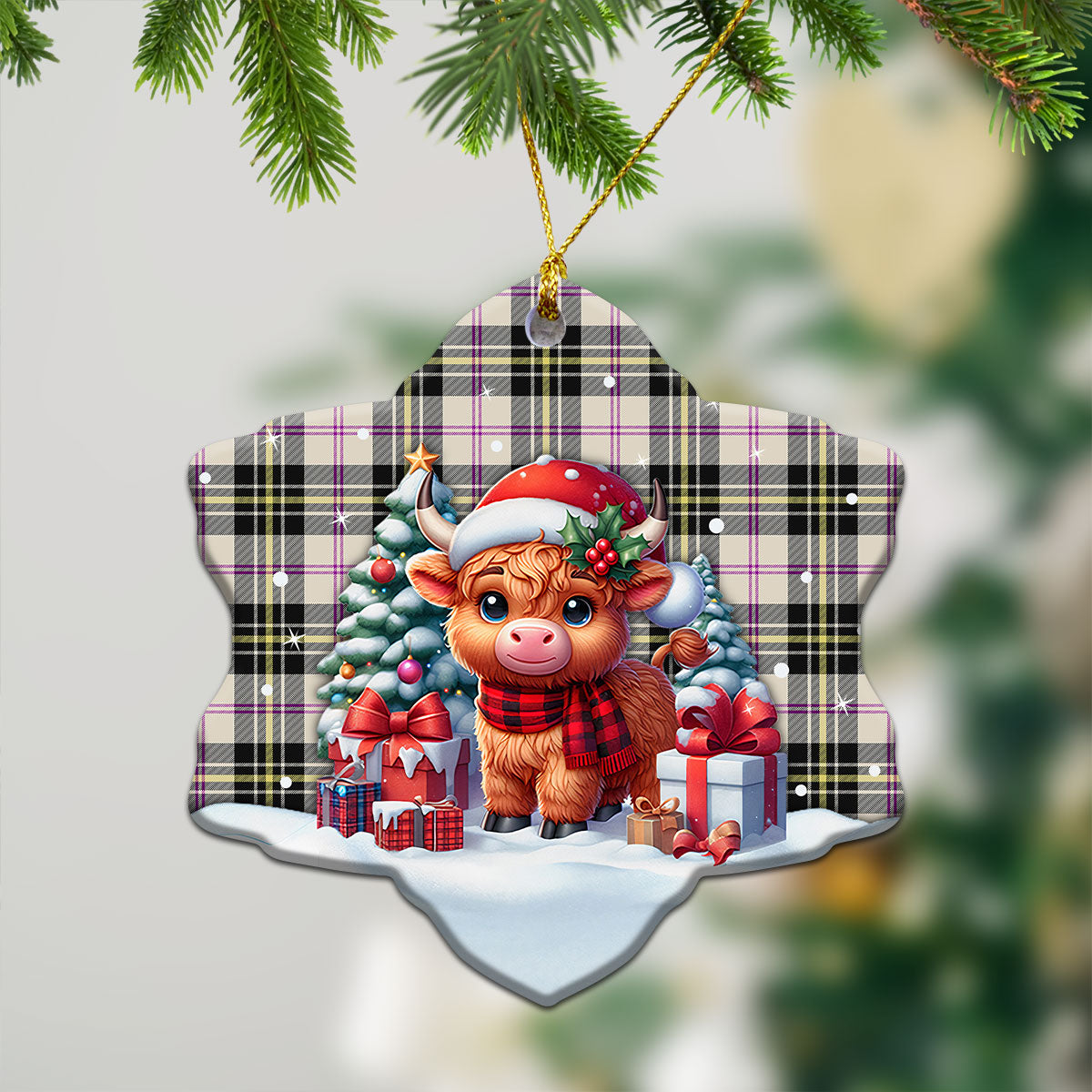 MacPherson Dress Ancient Tartan Christmas Ceramic Ornament - Highland Cow Winter Style