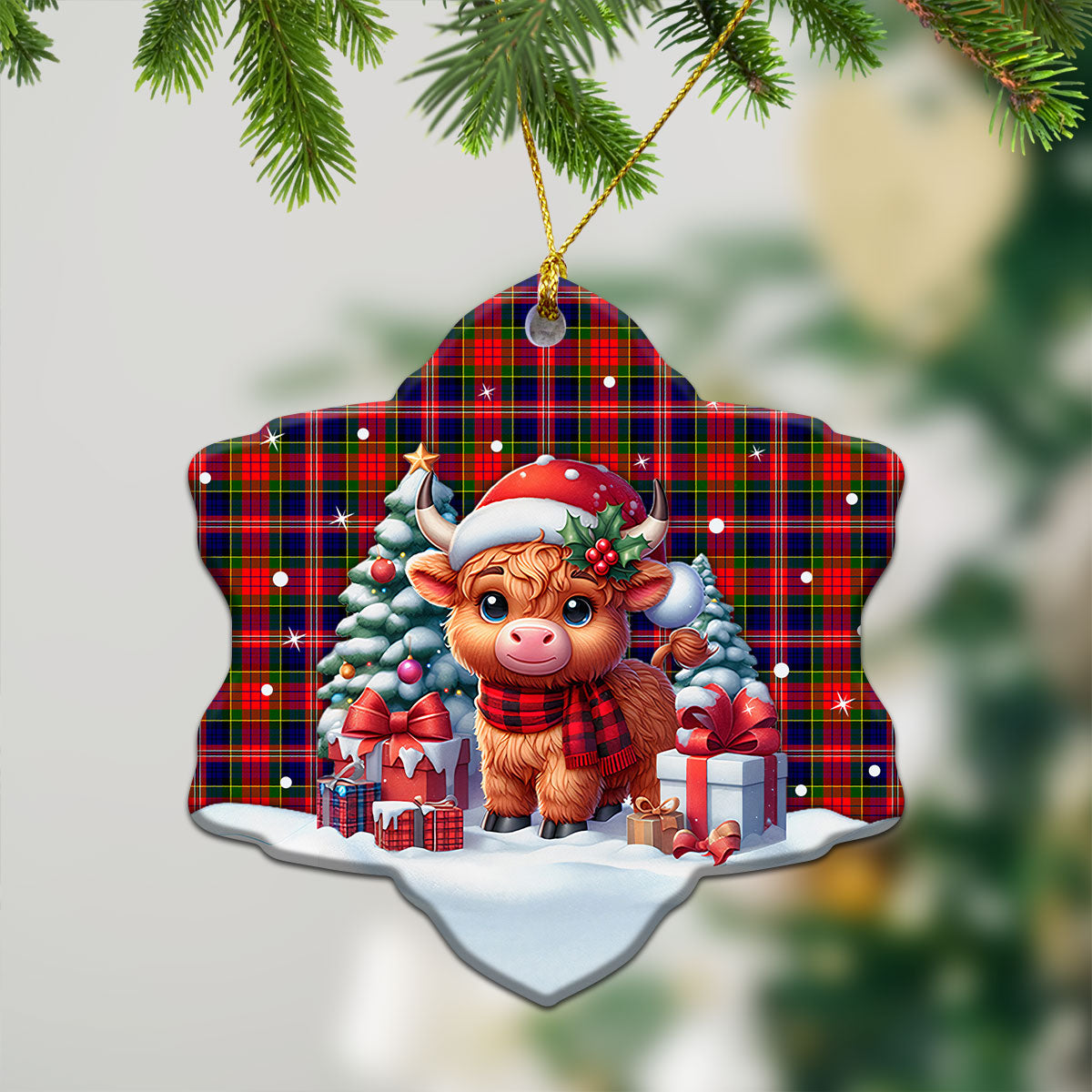 MacPherson Modern Tartan Christmas Ceramic Ornament - Highland Cow Winter Style