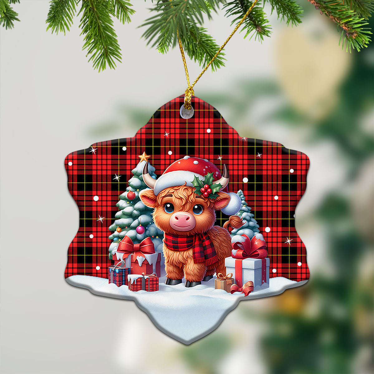 MacQueen Modern Tartan Christmas Ceramic Ornament - Highland Cow Winter Style