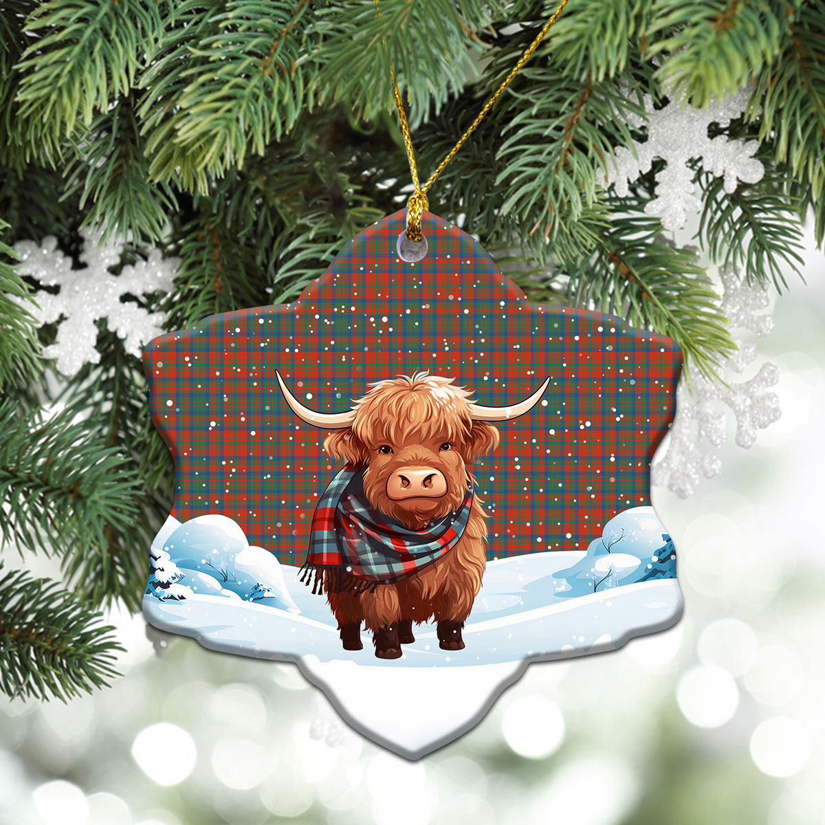 Matheson Ancient Tartan Christmas Ceramic Ornament - Highland Cows Snow Style