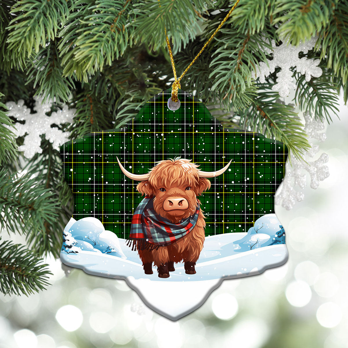 McAlpine Modern Tartan Christmas Ceramic Ornament - Highland Cows Snow Style