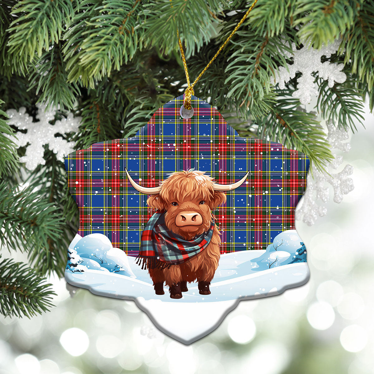 McBeth Modern Tartan Christmas Ceramic Ornament - Highland Cows Snow Style