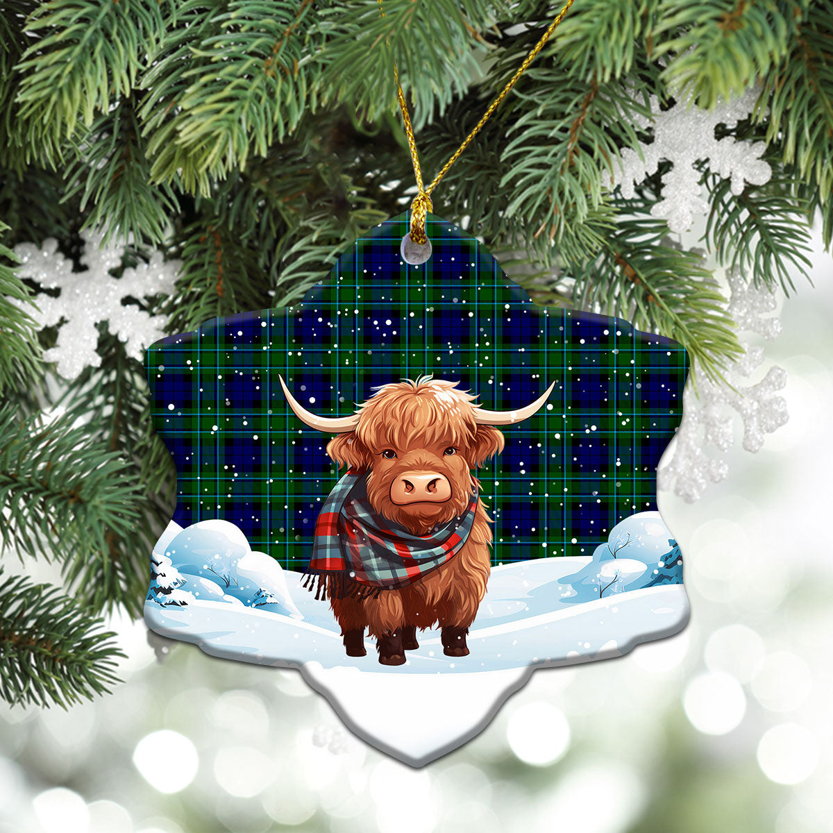 McCallum Modern Tartan Christmas Ceramic Ornament - Highland Cows Snow Style