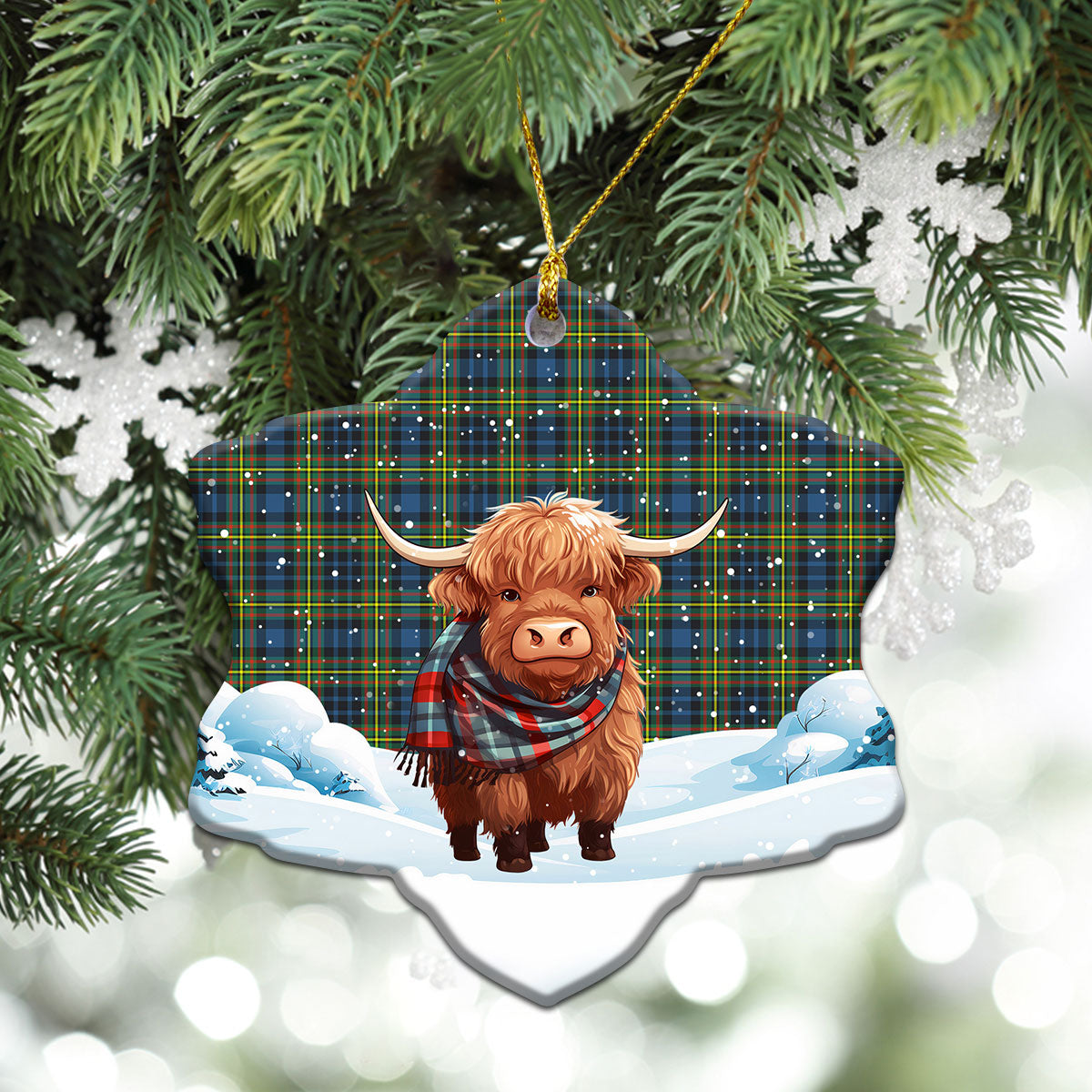 McClellan Ancient Tartan Christmas Ceramic Ornament - Highland Cows Snow Style