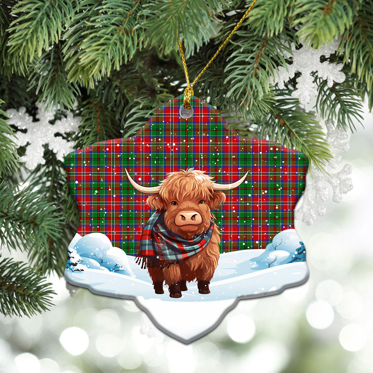 McCulloch Tartan Christmas Ceramic Ornament - Highland Cows Snow Style